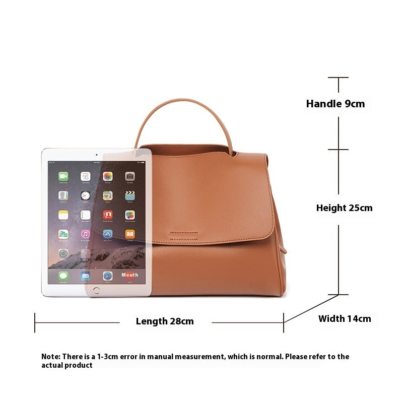Brown handbag with dimensions labeled on a white background