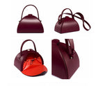 Collage of a maroon handbag with a red interior, shown from multiple angles on a white background.