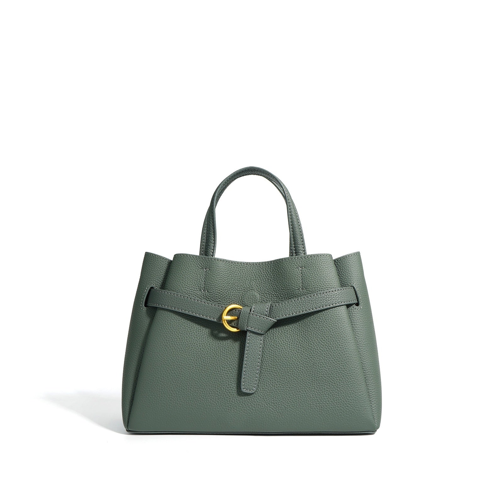Green handbag with a gold buckle on a white background