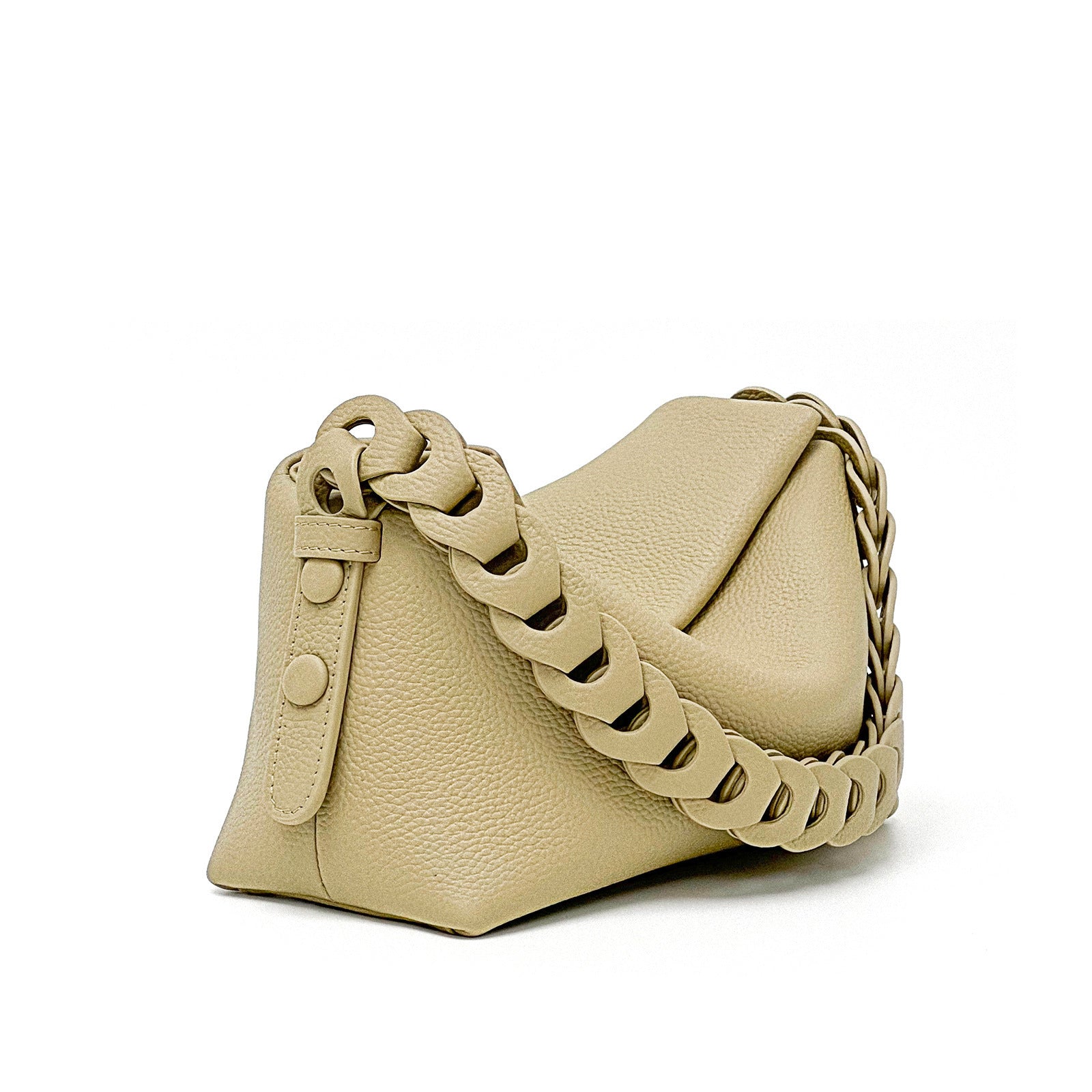 Beige handbag with braided chain strap on a white background