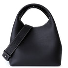 Black leather handbag with a strap on a white background