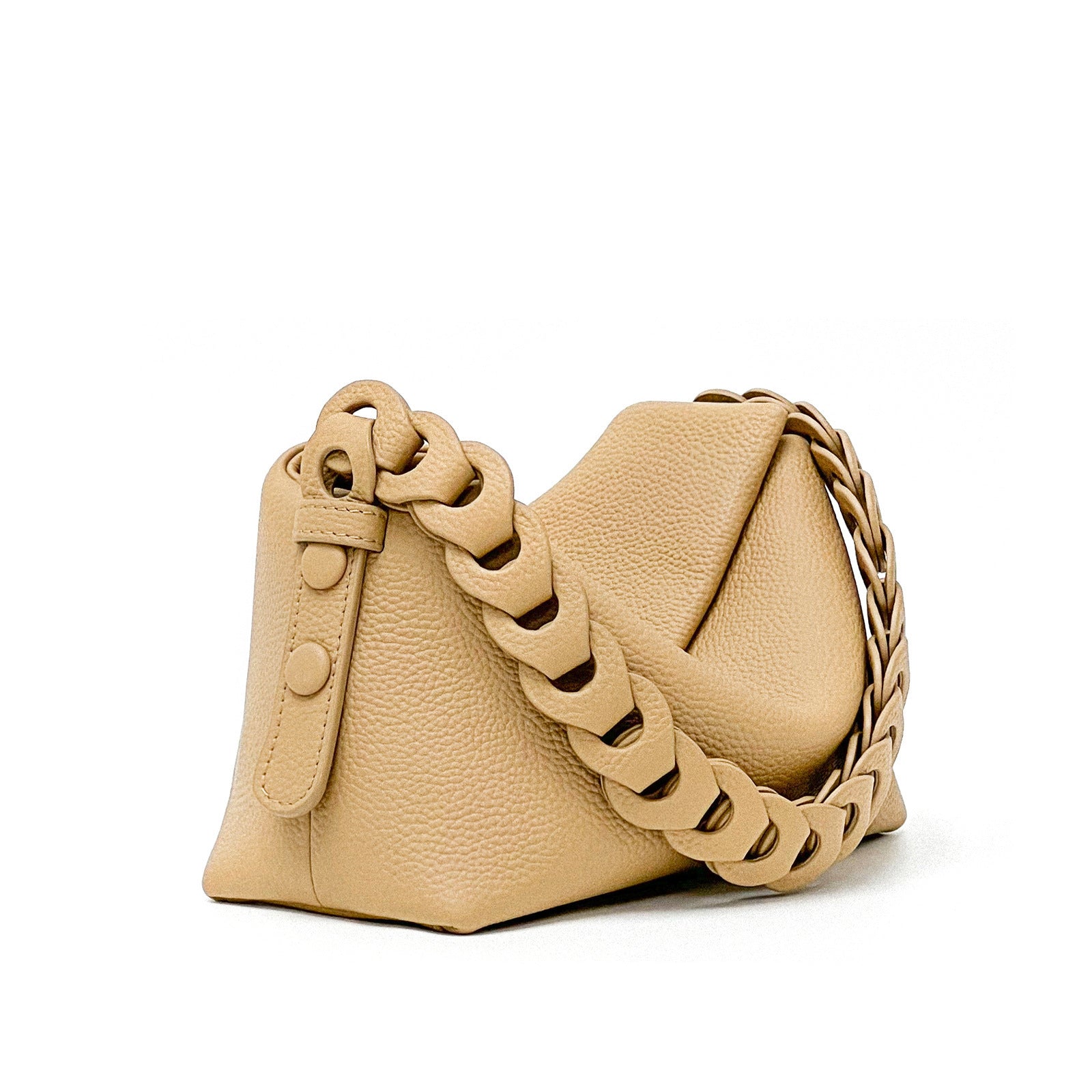 Beige handbag with braided handle on a white background