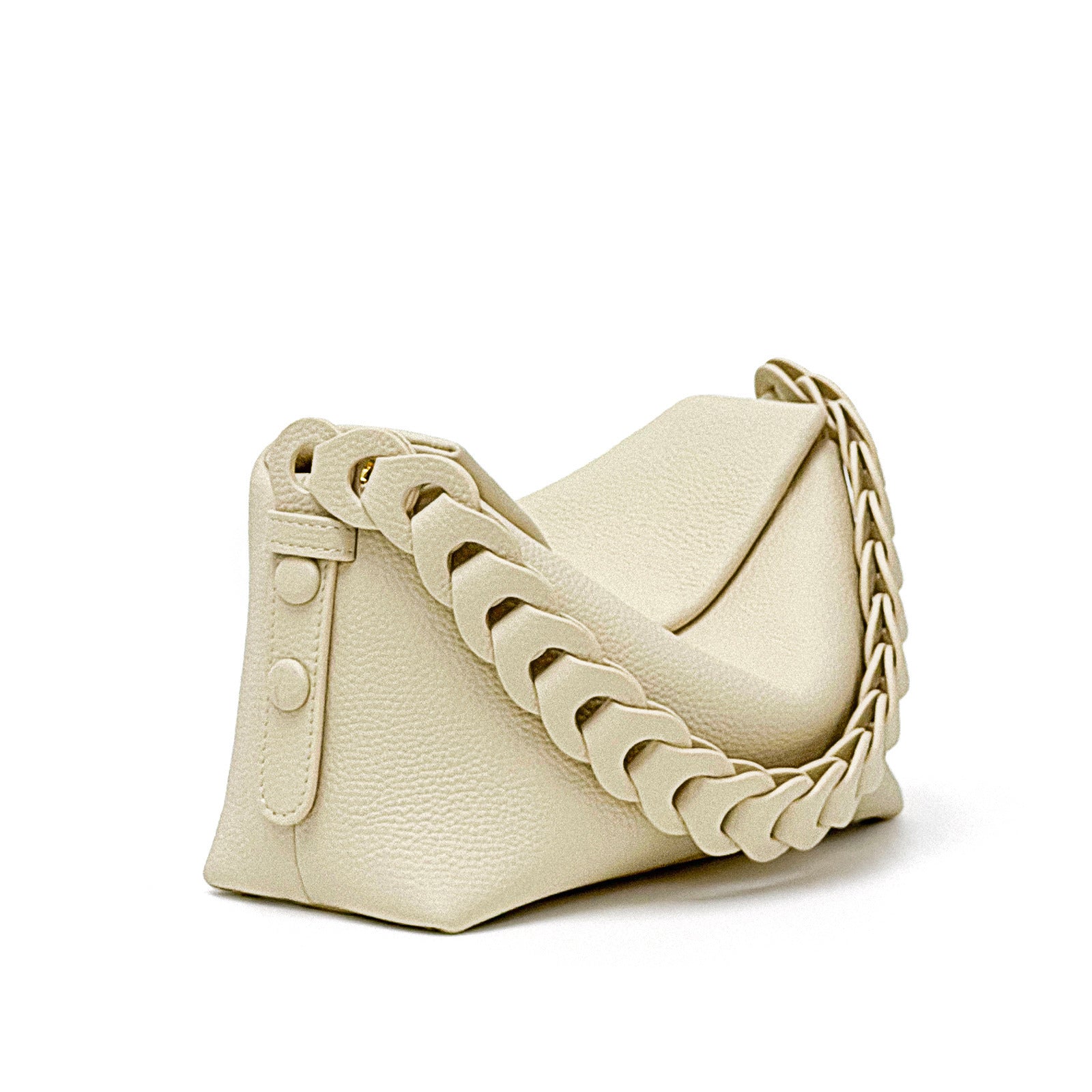 Beige handbag with braided handle on a white background