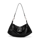 Black handbag with a strap on a white background