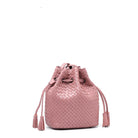 Pink woven drawstring bag on a white background