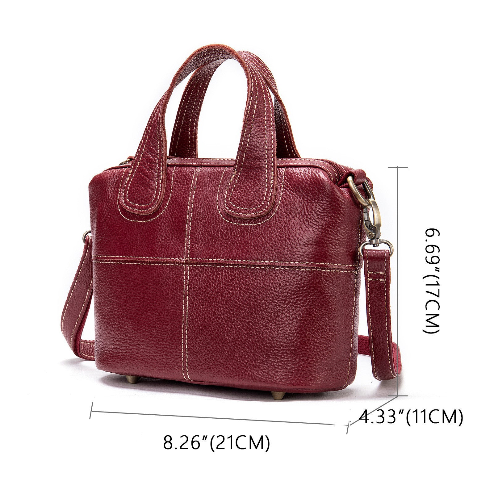 Red handbag with measurements on a white background