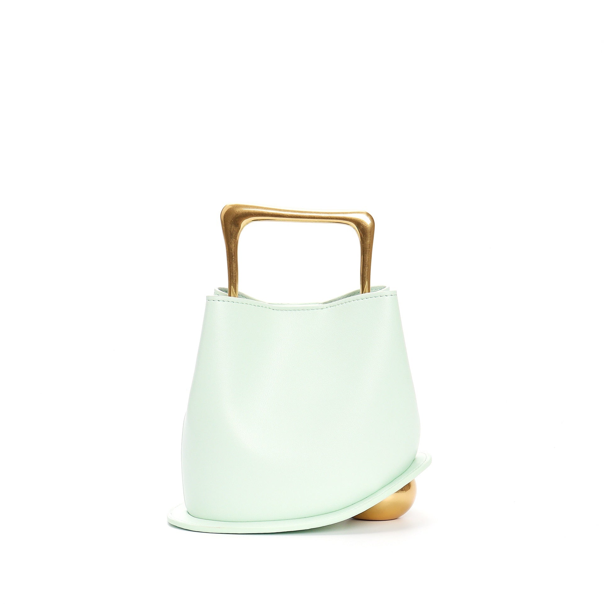 Mint green handbag with a gold handle on a white background