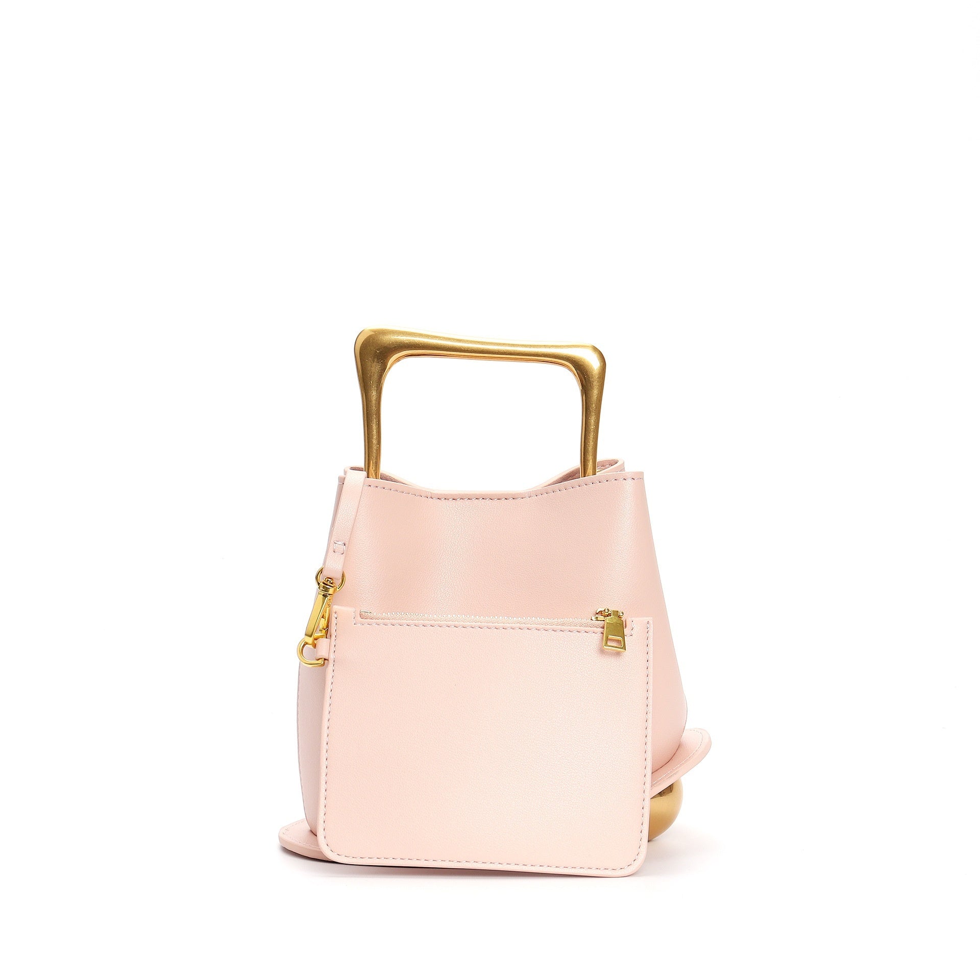 Pink handbag with gold accents on a white background