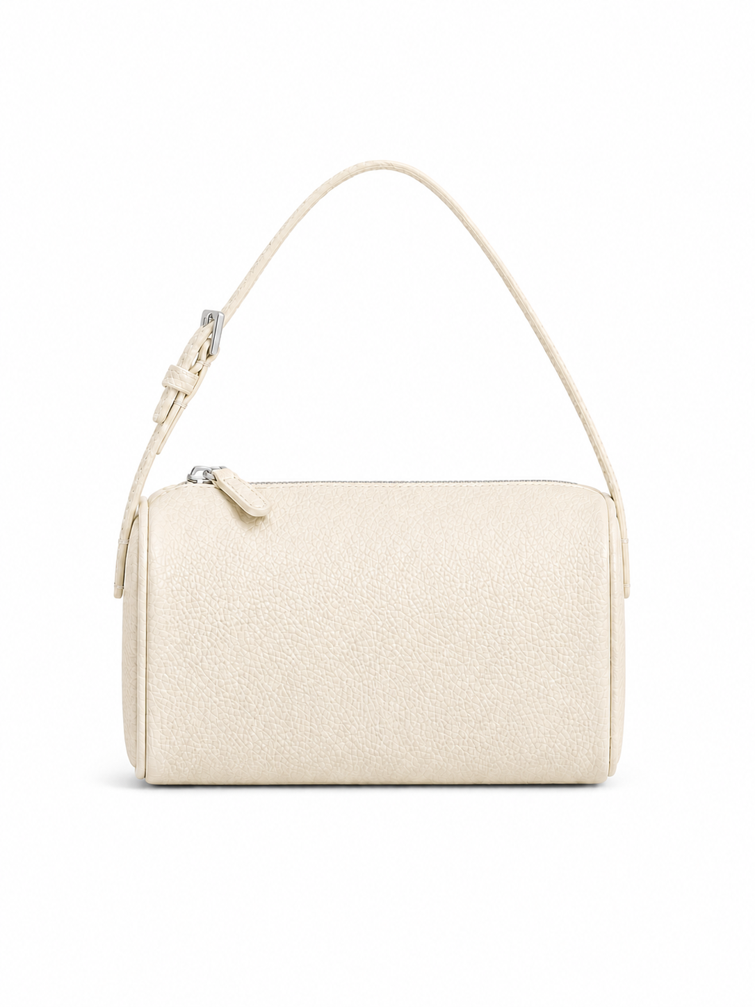 A cream-colored textured leather shoulder bag with a matching adjustable shoulder strap and silver-tone hardware, shown against a plain white background.