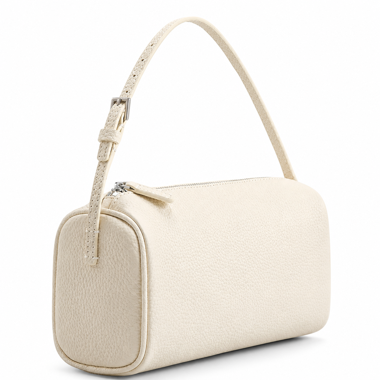 An off-white pebbled leather shoulder bag with a zippered top and a matching adjustable shoulder strap, shown on a clean white background.
