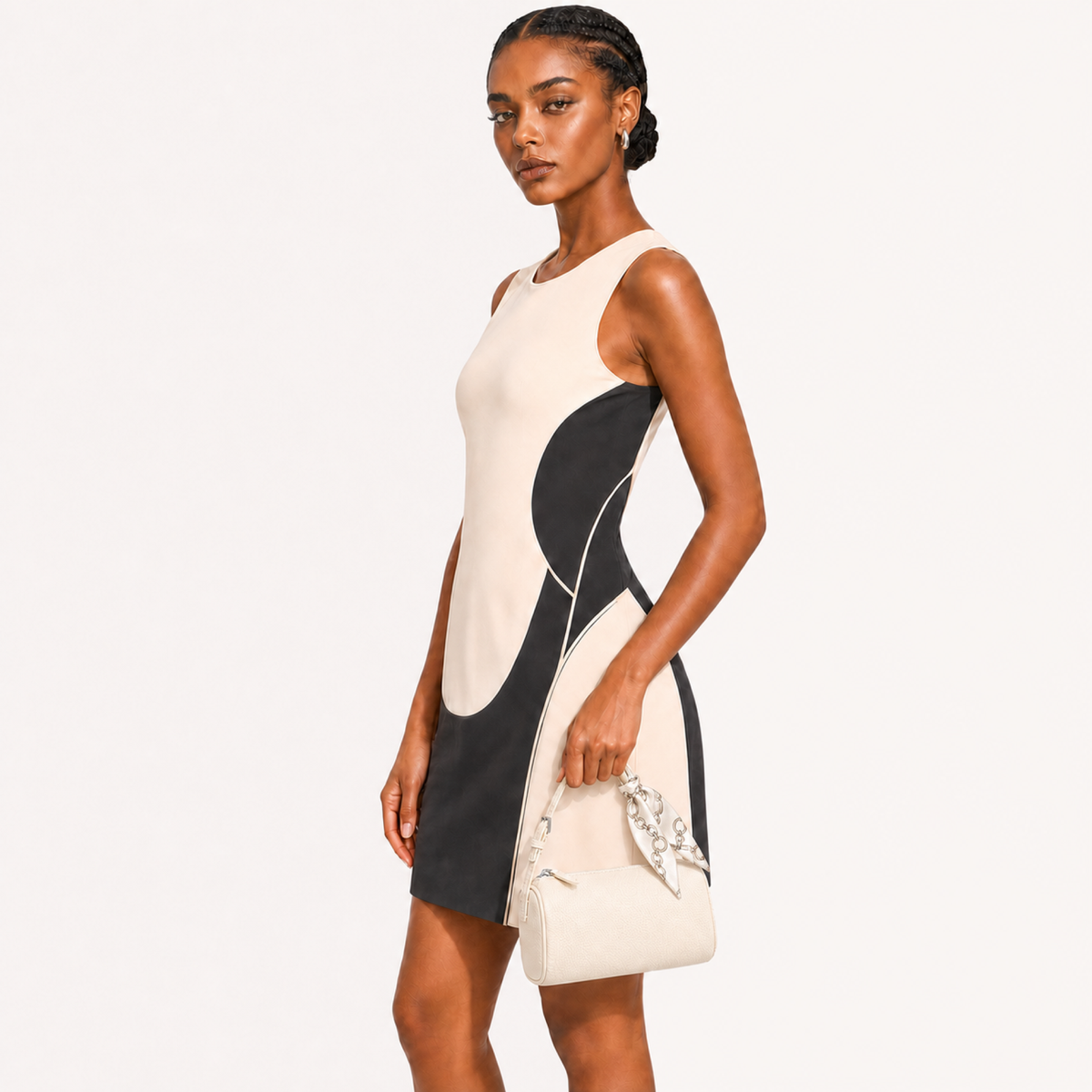 A woman modeling a sleeveless color-block mini dress with cream and black panels, paired with a matching cream handbag, against a plain white studio background.