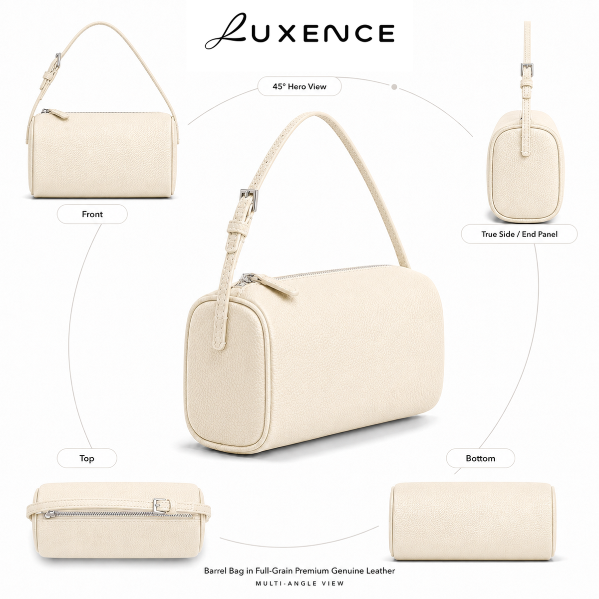A Luxence barrel bag in full grain premium genuine leather, shown in a multi-angle infographic on a white background. The main view is a 3/4 hero view, with additional views showing the front, side panel, top, and bottom.