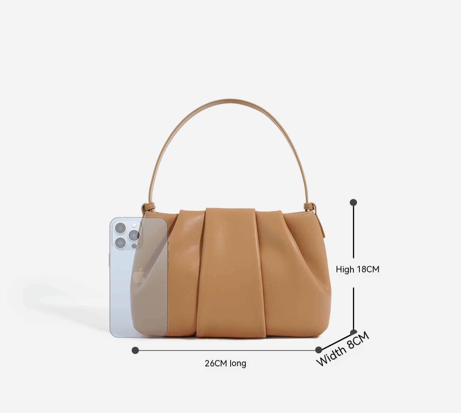 Tan handbag with dimensions indicated on a white background