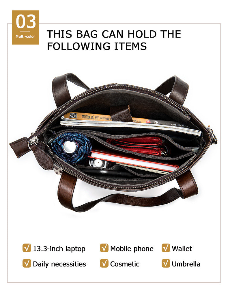 Brown leather bag with compartments holding various items on a white background