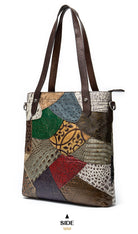 Patchwork handbag with multicolored leather pieces on a white background