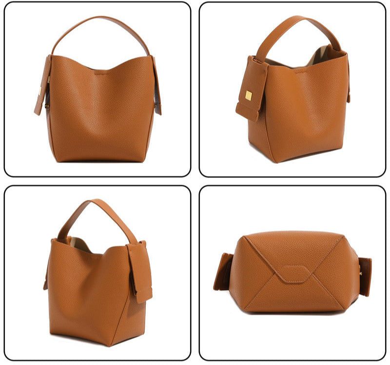 Brown leather handbag shown from multiple angles on a white background