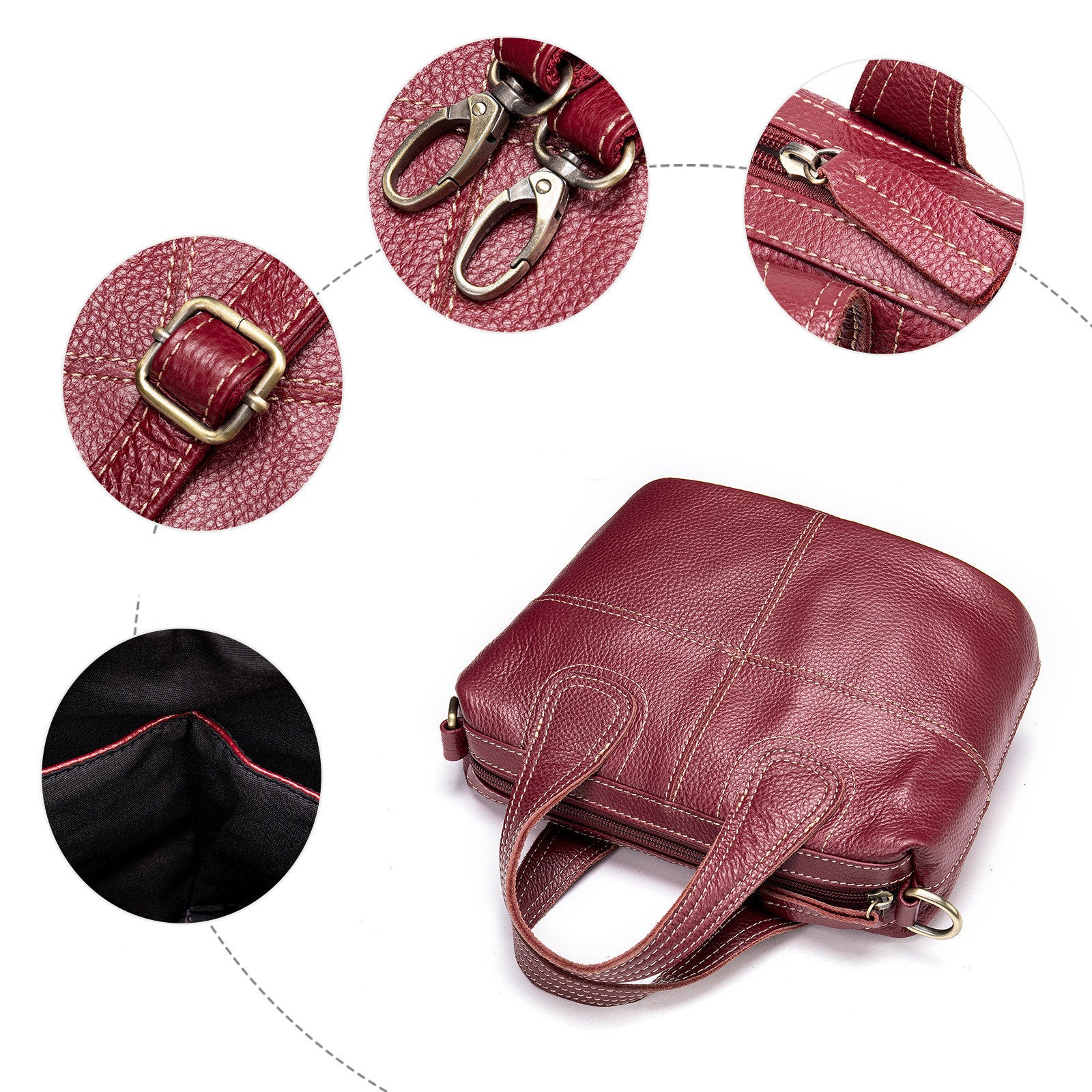 Red leather handbag with close-up details on a white background