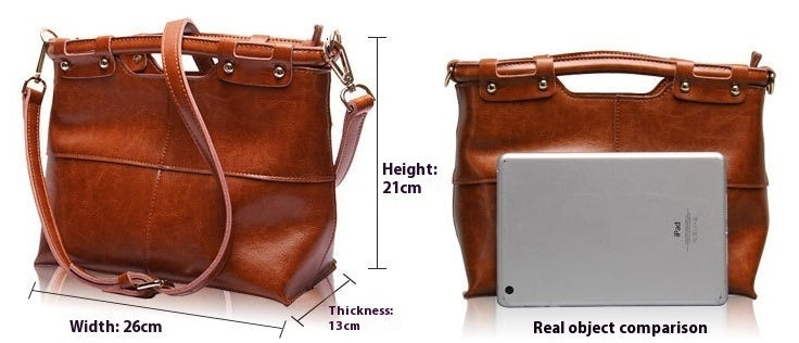 Brown leather handbag with measurements and a real object comparison showing a tablet.