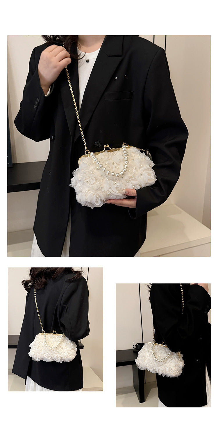 Net Lace Pleated Clutch Evening Handbag Pearl Chain Crossbody Bag