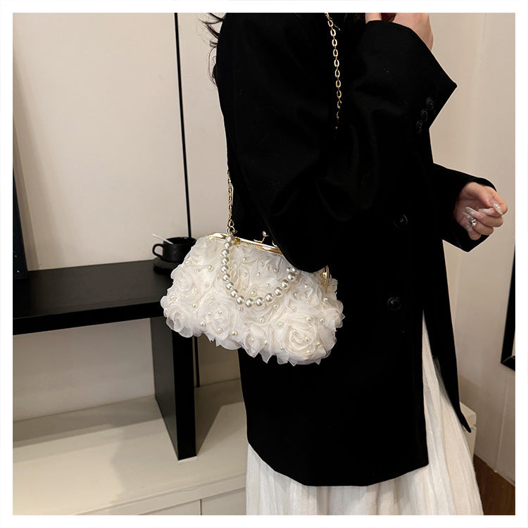 Net Lace Pleated Clutch Evening Handbag Pearl Chain Crossbody Bag
