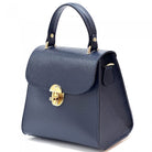Navy blue handbag with gold accents on a white background