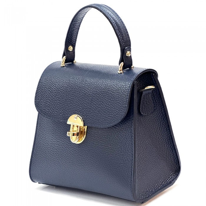 Navy blue handbag with gold accents on a white background