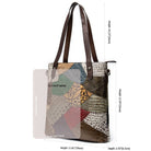Patchwork tote bag with dimensions on a white background