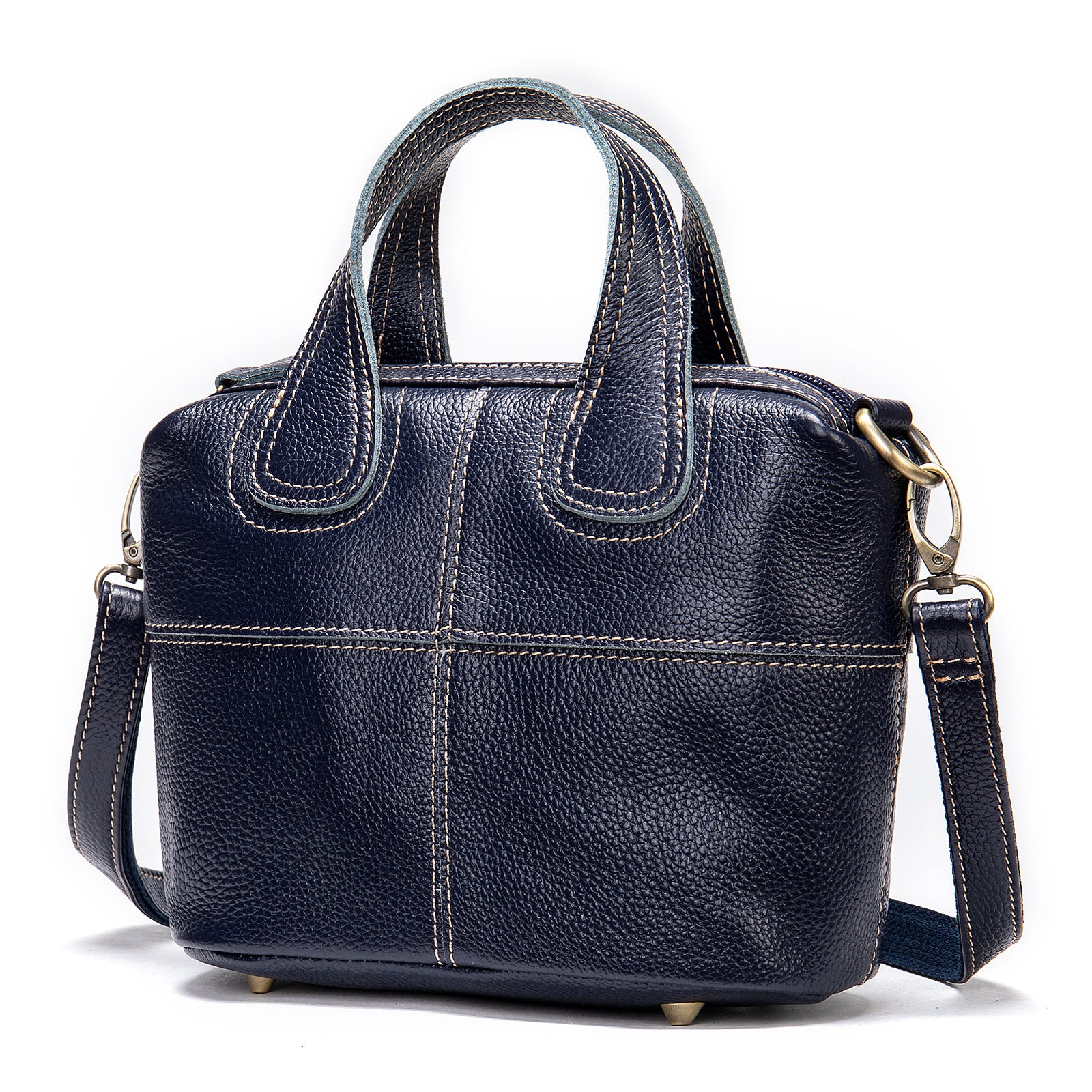 Black leather handbag with a shoulder strap on a white background