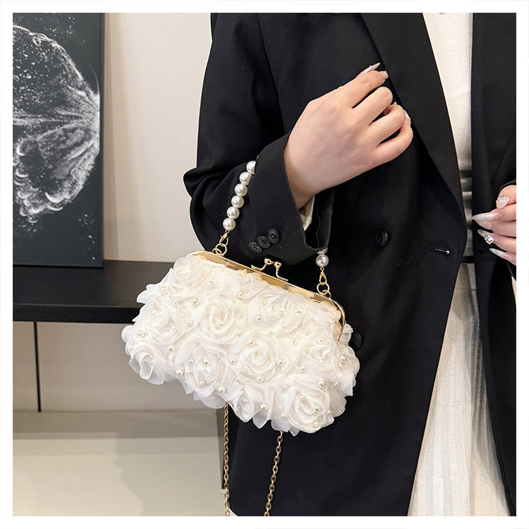 Net Lace Pleated Clutch Evening Handbag Pearl Chain Crossbody Bag