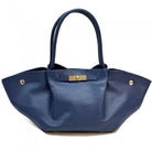 Blue handbag with gold accents on a white background