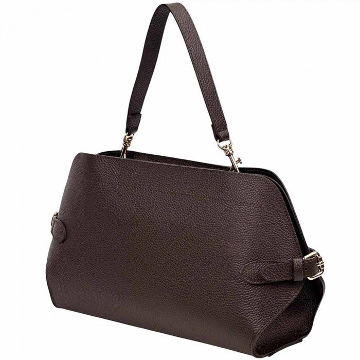Brown handbag with a strap on a white background