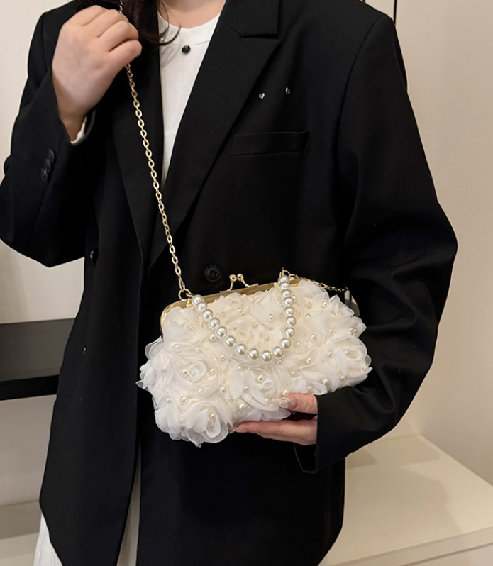 Net Lace Pleated Clutch Evening Handbag Pearl Chain Crossbody Bag
