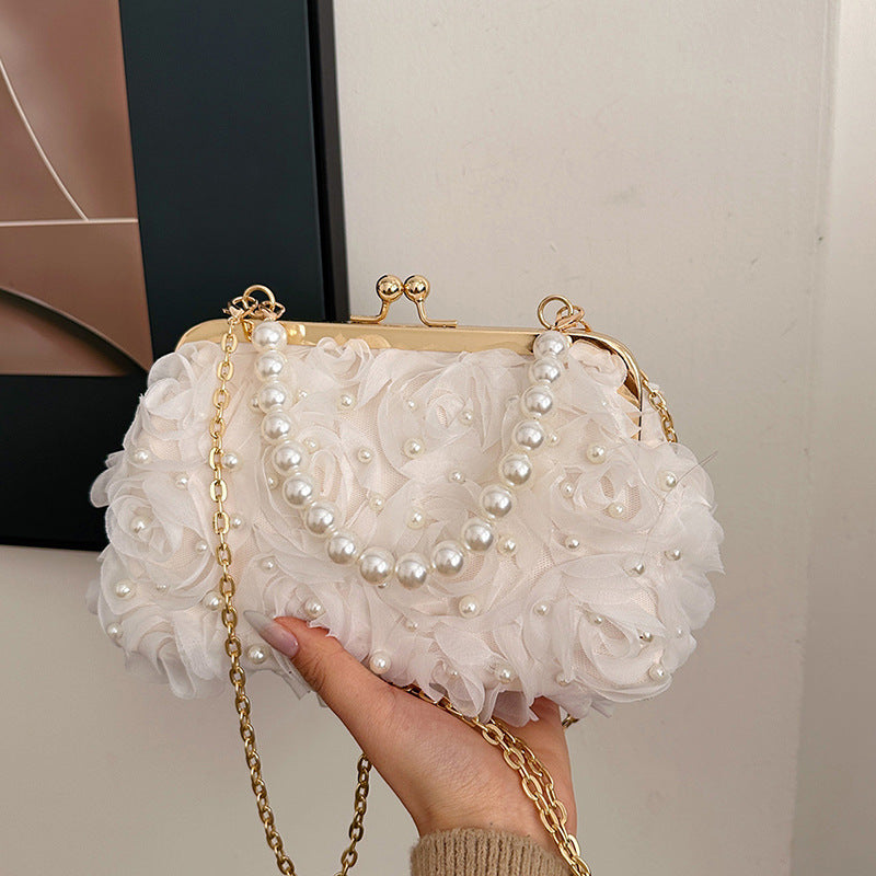 Net Lace Pleated Clutch Evening Handbag Pearl Chain Crossbody Bag