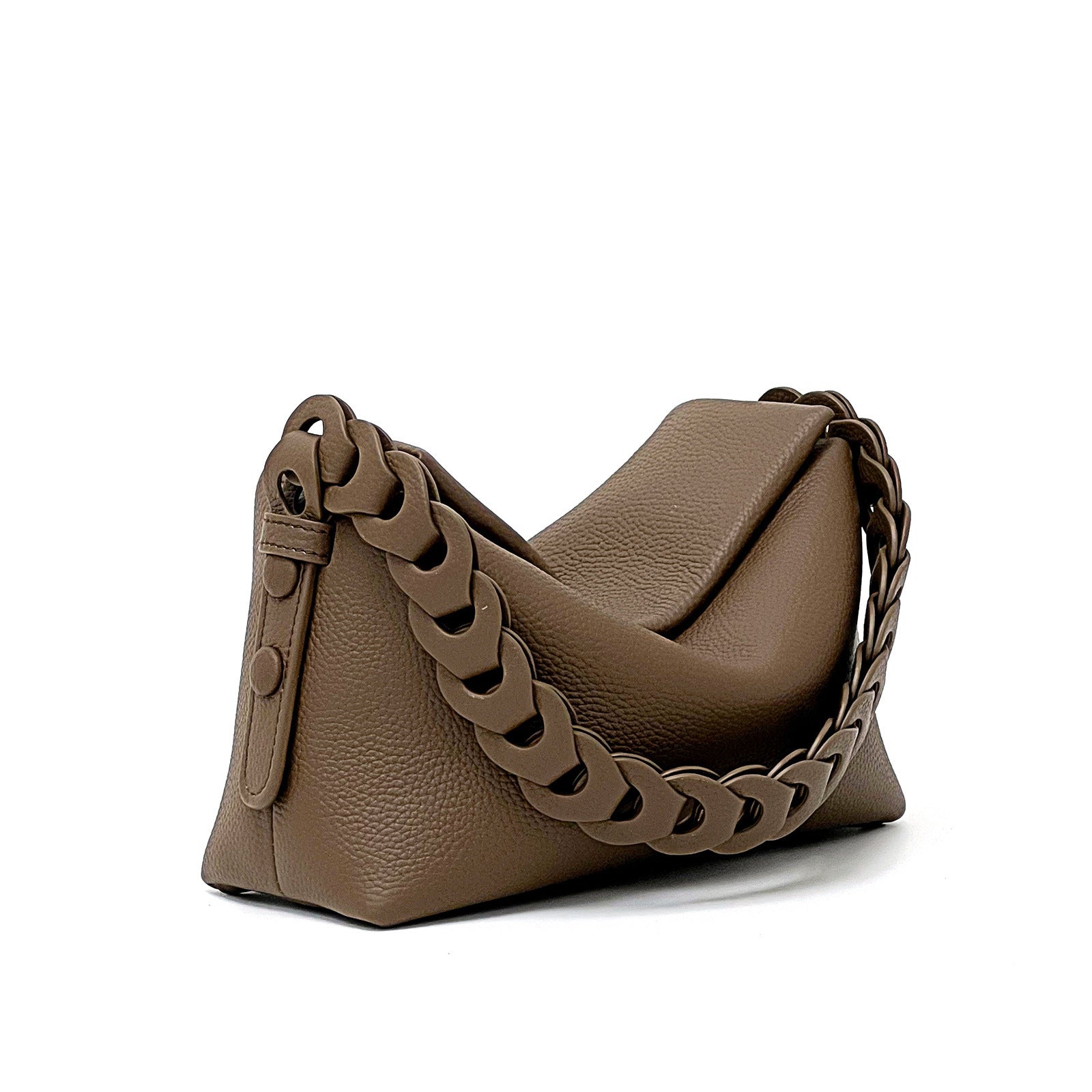 Brown leather handbag with chain detail on a white background