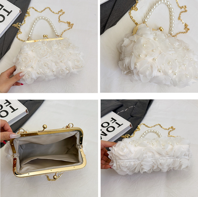 Net Lace Pleated Clutch Evening Handbag Pearl Chain Crossbody Bag