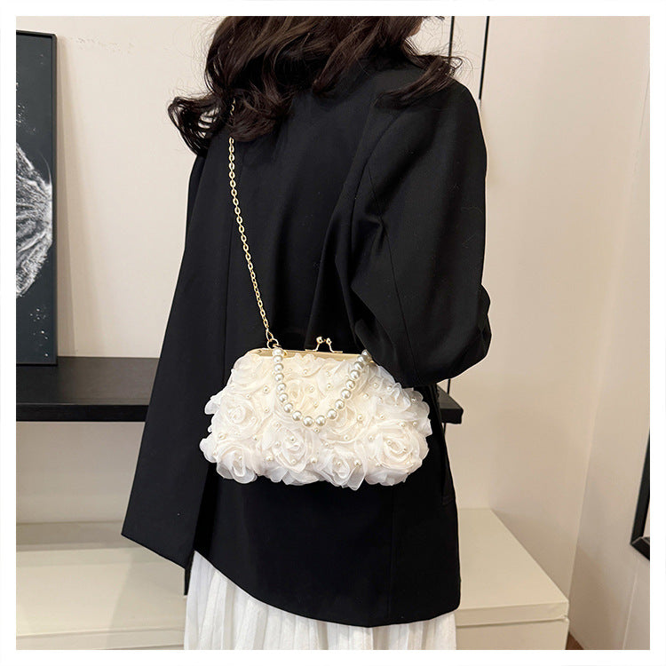 Net Lace Pleated Clutch Evening Handbag Pearl Chain Crossbody Bag