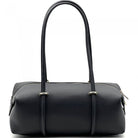 Black handbag with handles on a white background