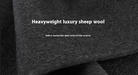 Close-up of heavyweight luxury sheep wool fabric with text overlay.