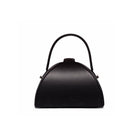 Black handbag with a curved design on a white background