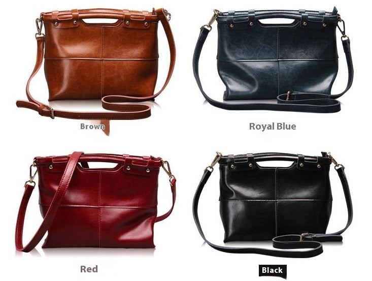 Four leather handbags in brown, royal blue, red, and black on a white background.