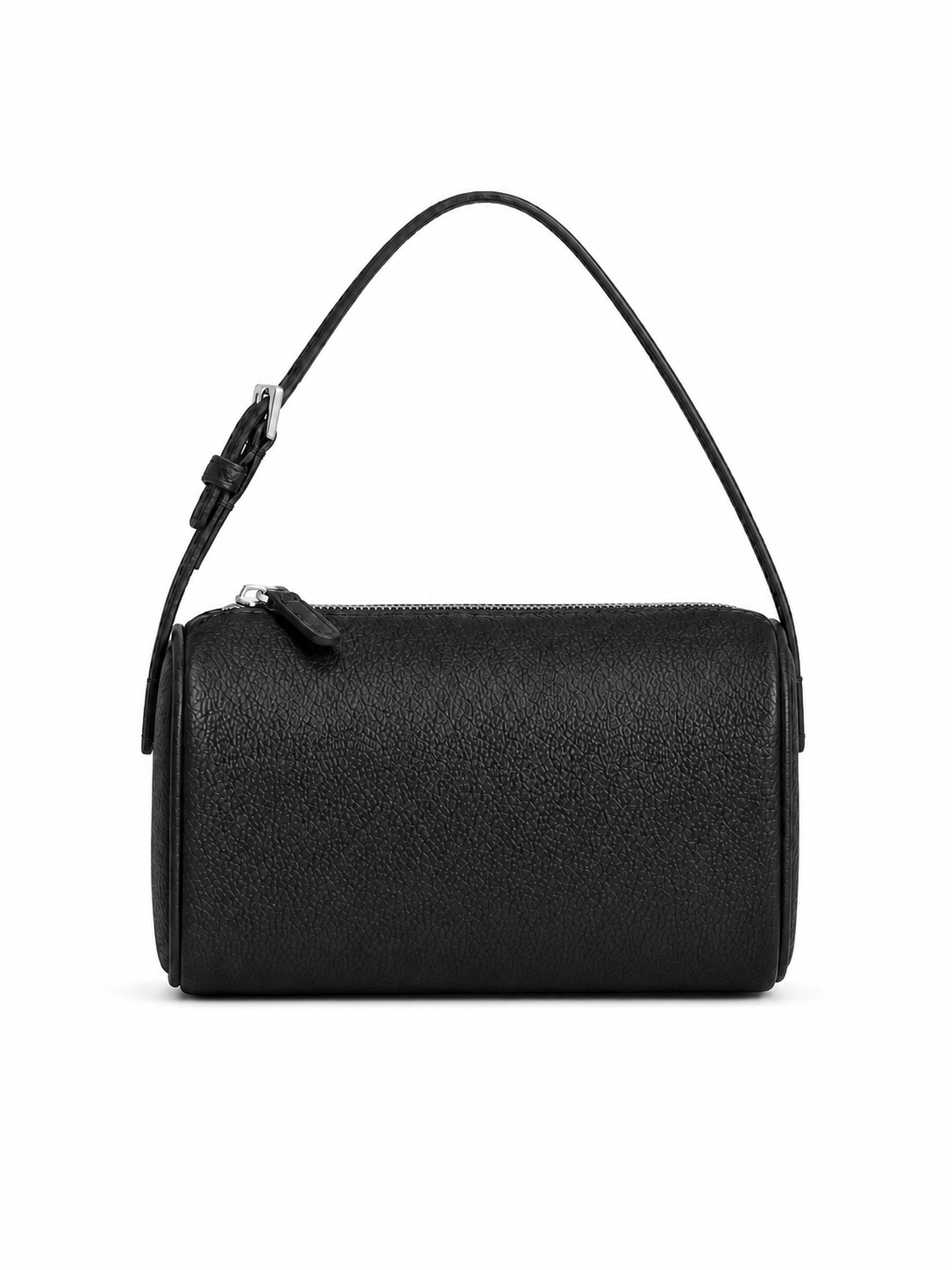 A black pebbled leather cylindrical shoulder bag with a top zipper and a single shoulder strap, shown against a plain white background.