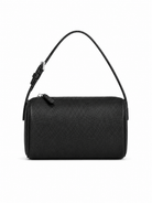 A black pebbled leather cylindrical shoulder bag with a top zipper and a single shoulder strap, shown against a plain white background.