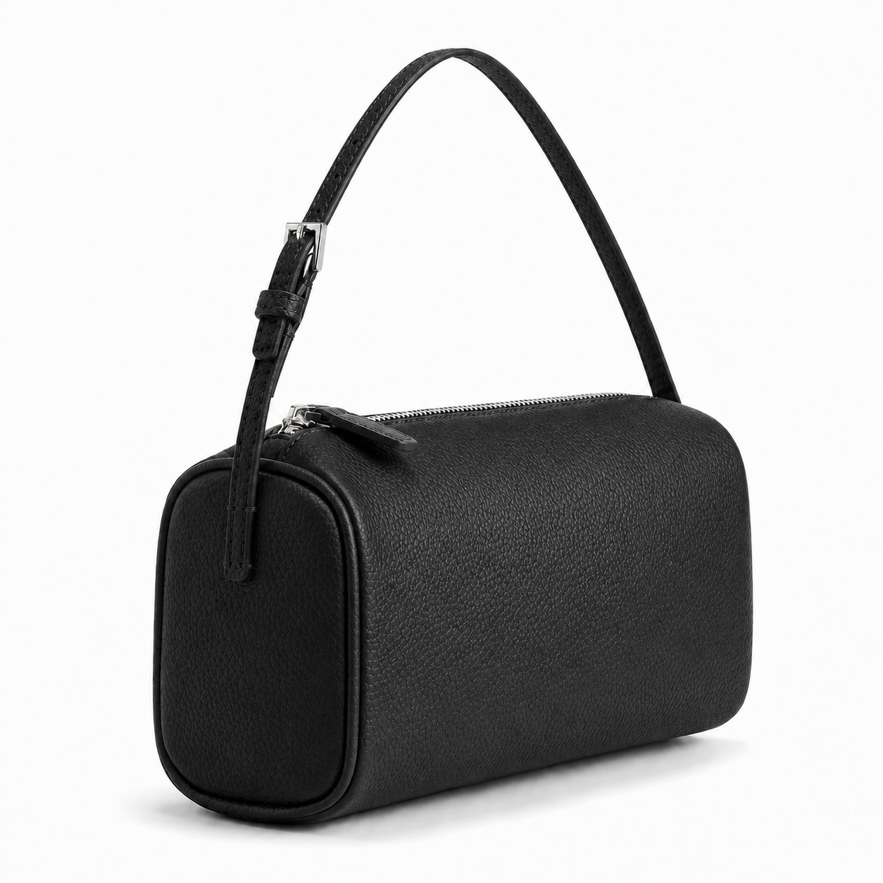 A black pebbled leather cylindrical shoulder bag with a single top handle and a zippered top closure, shown on a plain white background.