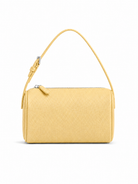 A light yellow textured leather shoulder bag with a top zipper and a matching shoulder strap, shown against a plain white background.