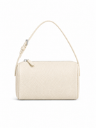 A cream-colored textured leather shoulder bag with a matching adjustable shoulder strap and silver-tone hardware, shown against a plain white background.